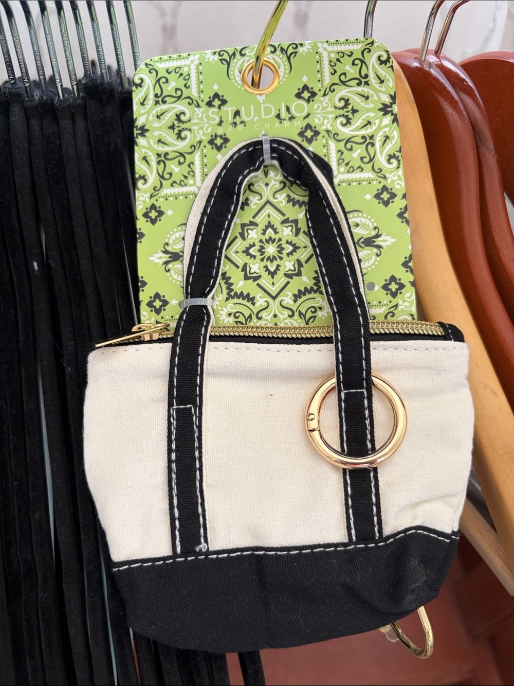 Cream & Black Mini Tote Keychain Bag